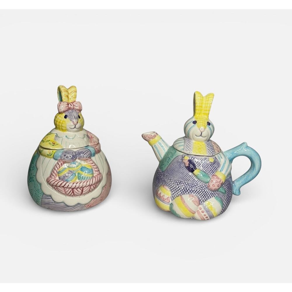 Vintage Lotus Bunny Teapot & Sugar Bowl Set Easter Tea Set Hand Painted